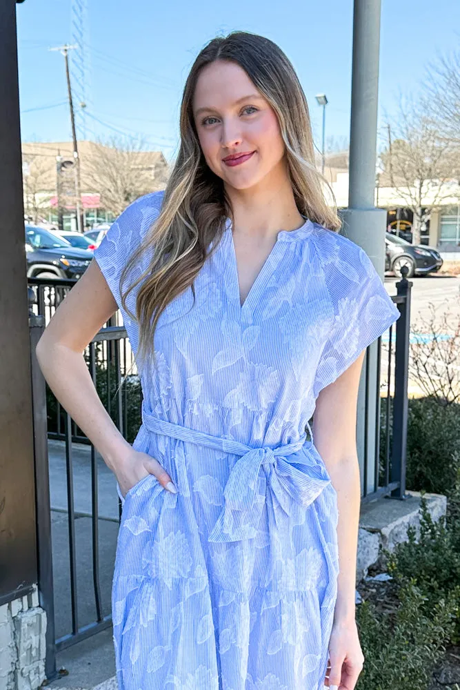 Spring Stripes Embroidery Midi Dress-Light Blue
