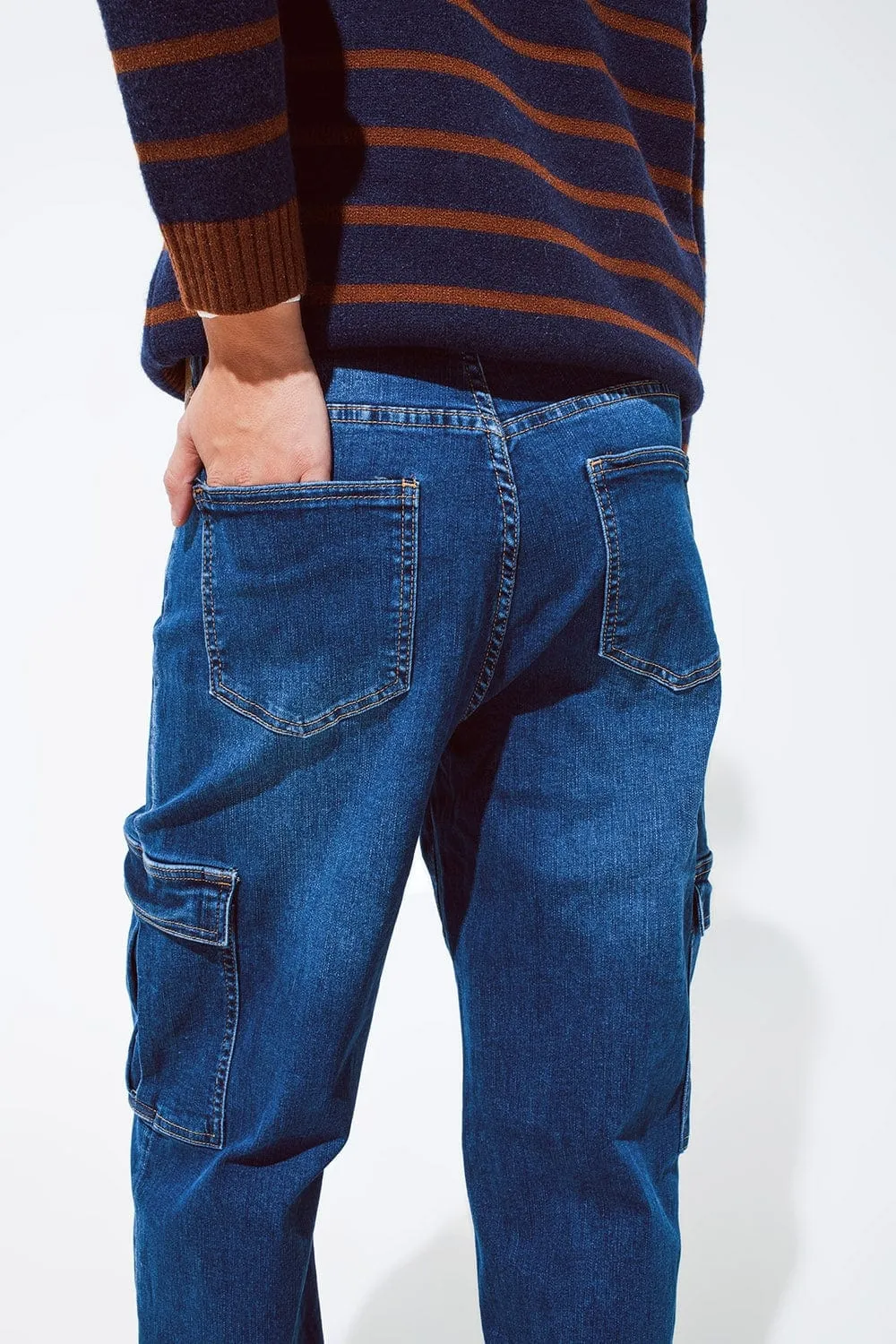 Straight Leg Cargo Style Jeans In Medium Wash