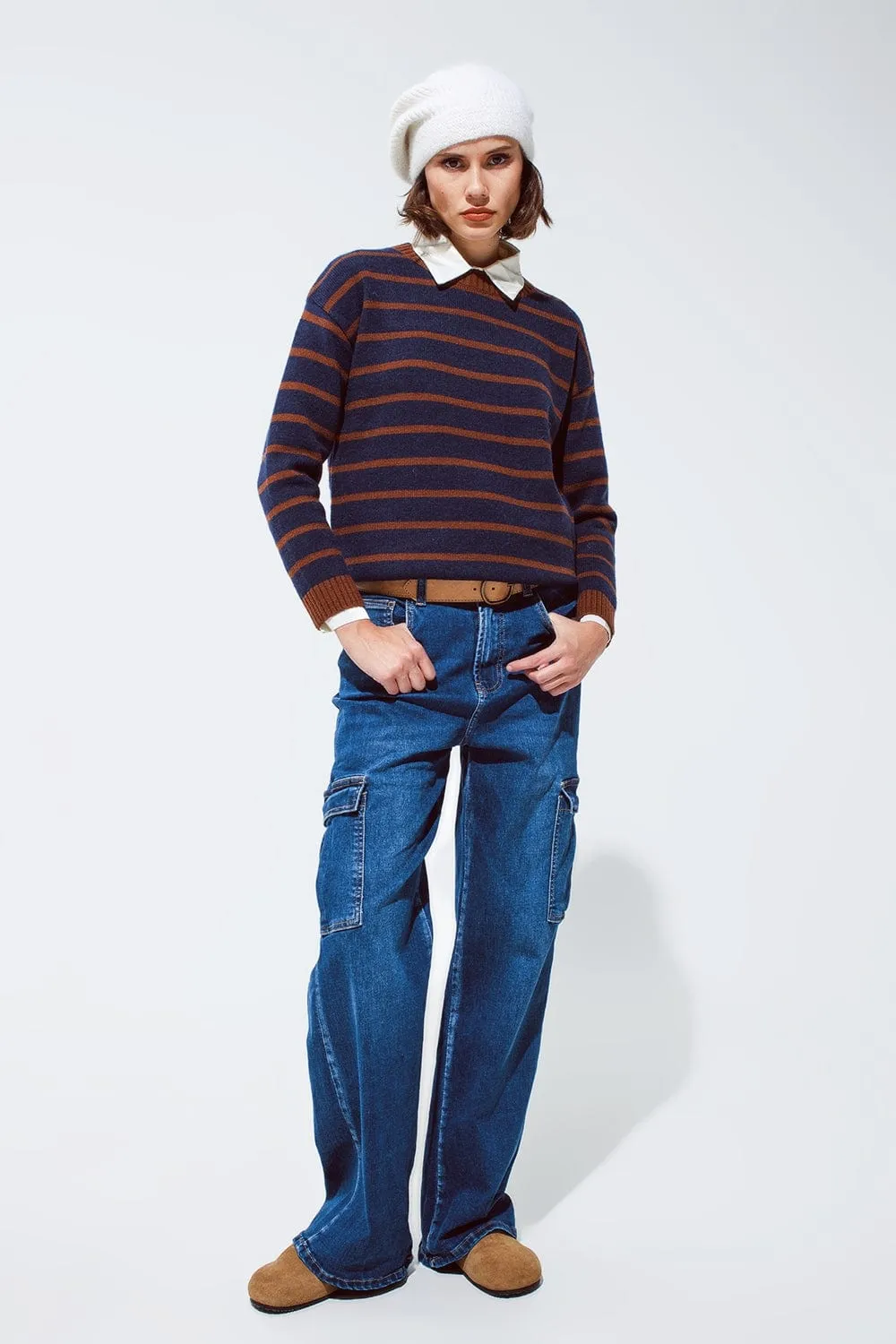 Straight Leg Cargo Style Jeans In Medium Wash