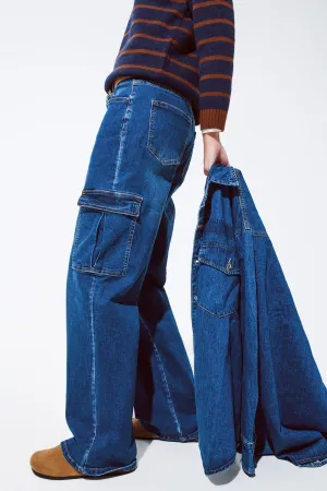 Straight Leg Cargo Style Jeans In Medium Wash