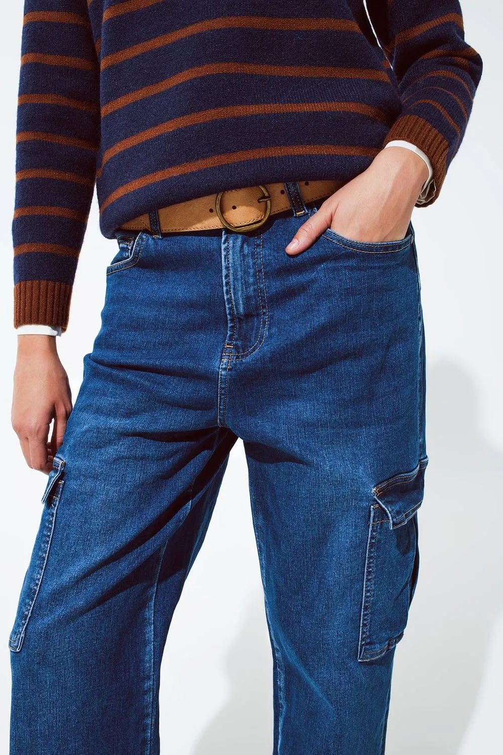 Straight Leg Cargo Style Jeans In Medium Wash
