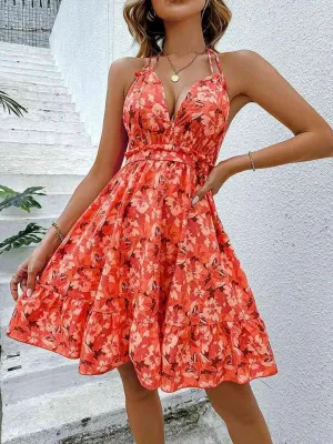 Vacay Ready Floral Halter Neck Backless Dress
