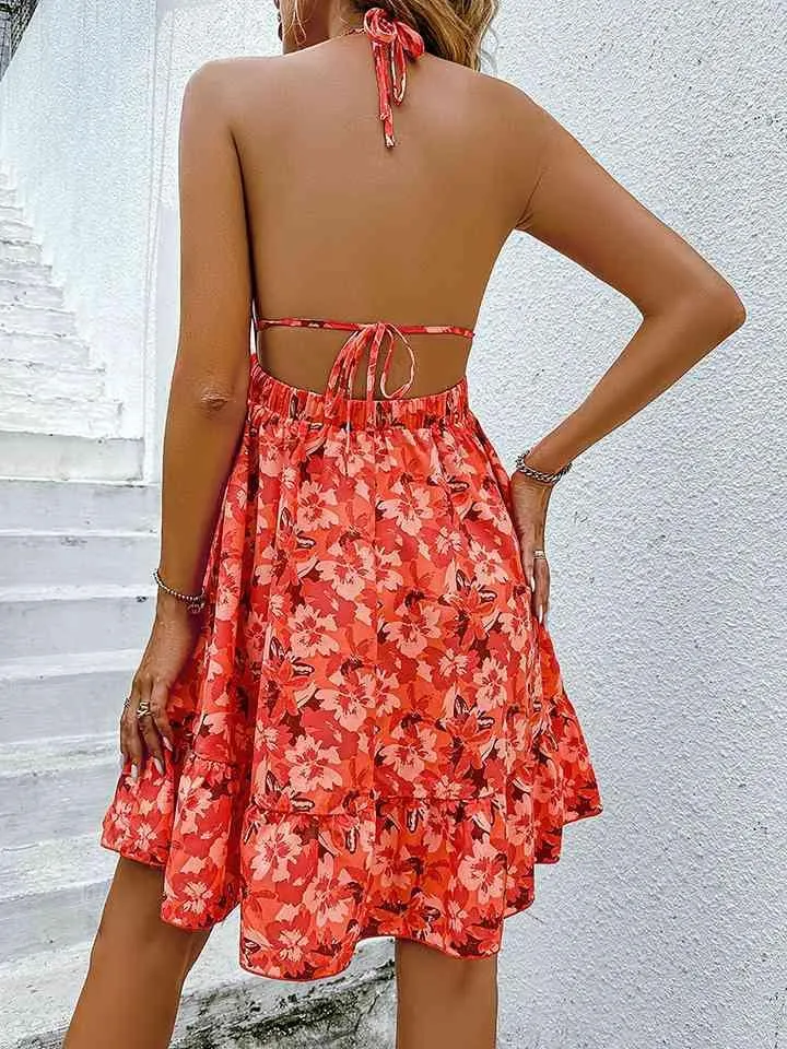 Vacay Ready Floral Halter Neck Backless Dress