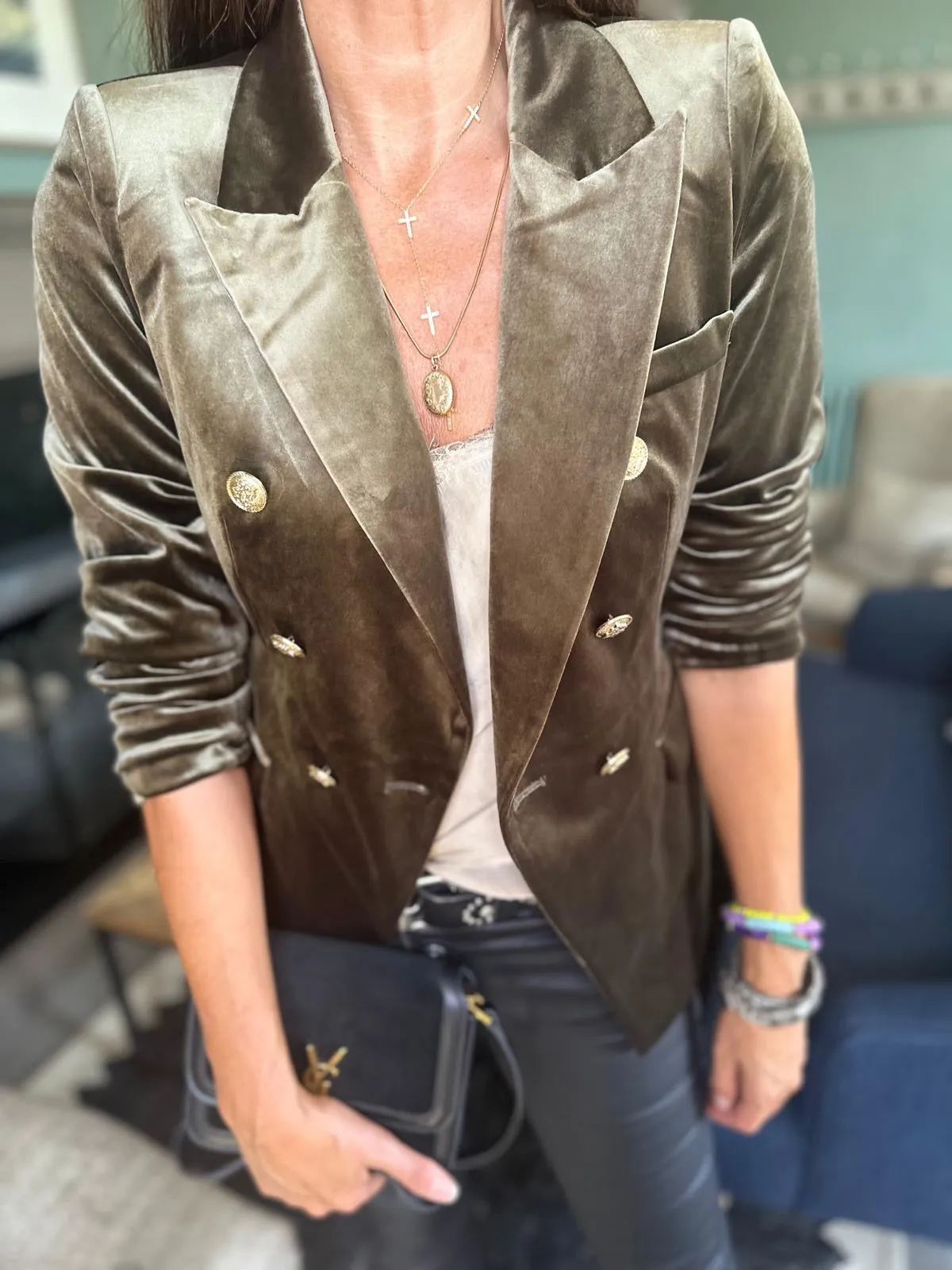 Victoria Velvet Blazer Army Green
