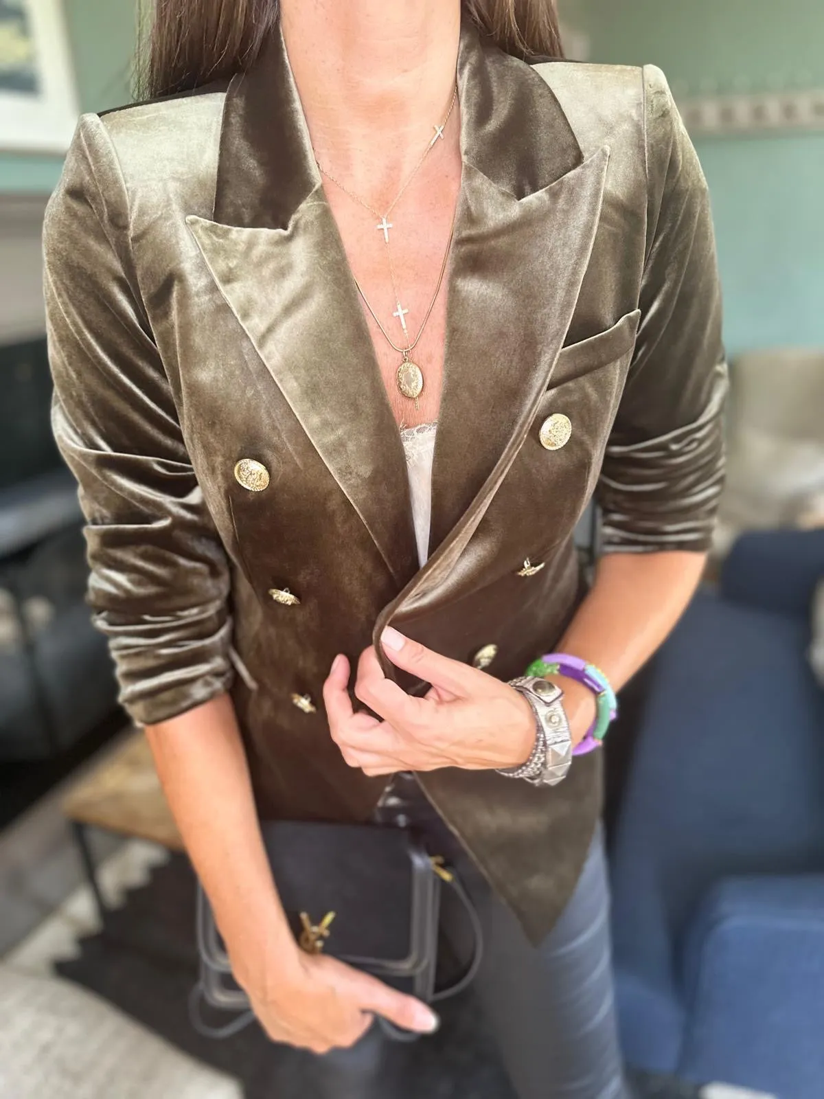 Victoria Velvet Blazer Army Green