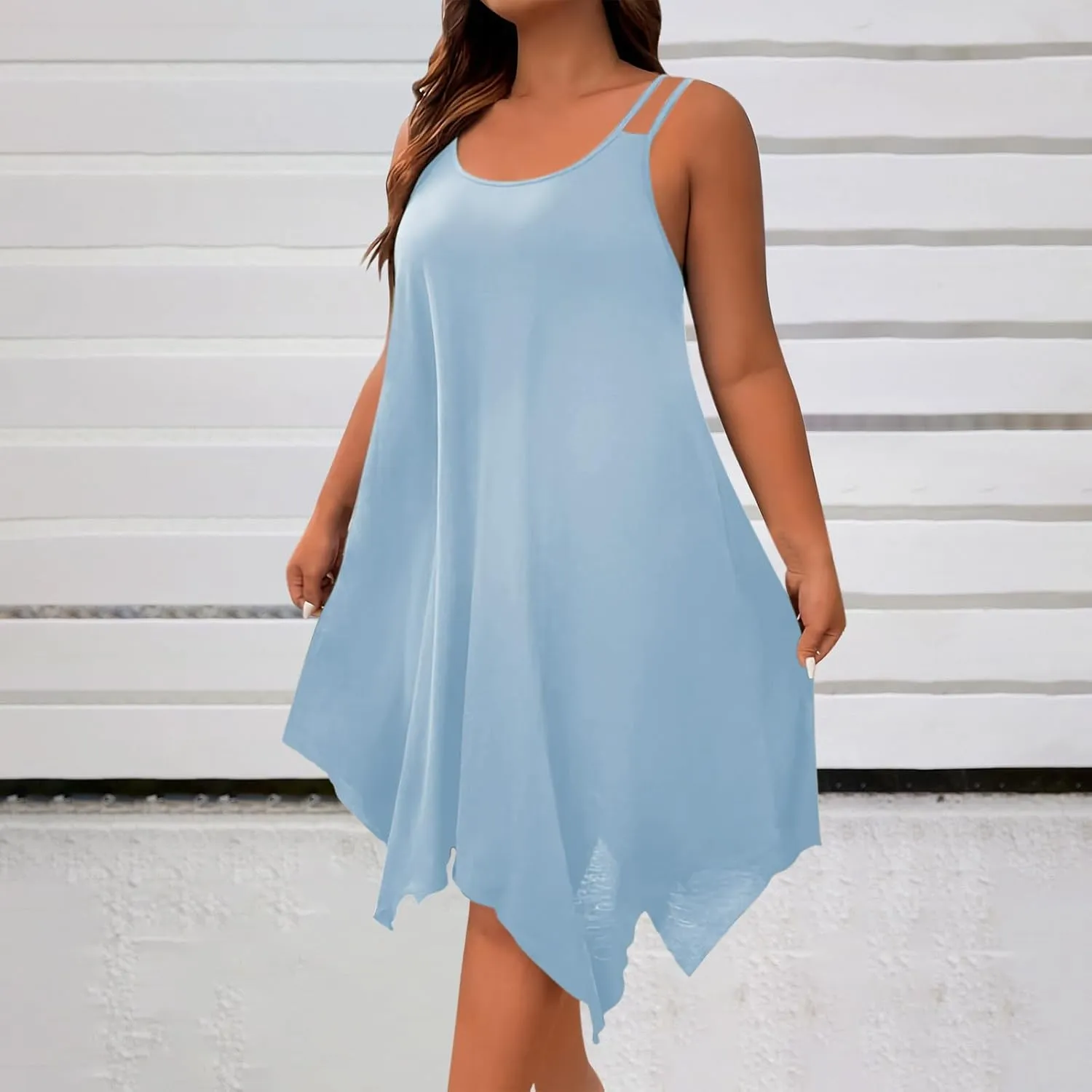 Women Plus Size Midi Dresses Trendy Irregular Hem Sleeveless Crewneck Loose Comfy Tank Dress Summer Beach Sundress