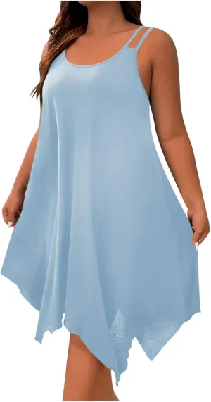 Women Plus Size Midi Dresses Trendy Irregular Hem Sleeveless Crewneck Loose Comfy Tank Dress Summer Beach Sundress