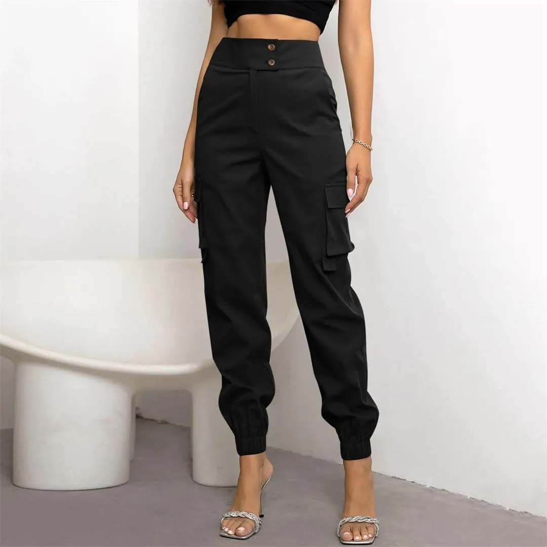 Women Summer Solid Jogger Athletic Harem Pants High Waisted Button Down Casual Slim Fit Cargo Pants