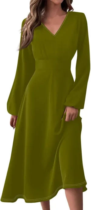 Women'S Dresses for Wedding Guest Fall Long Sleeve Wrap V Neck Ruffle Belted A-Line Flowy Midi Dresses
