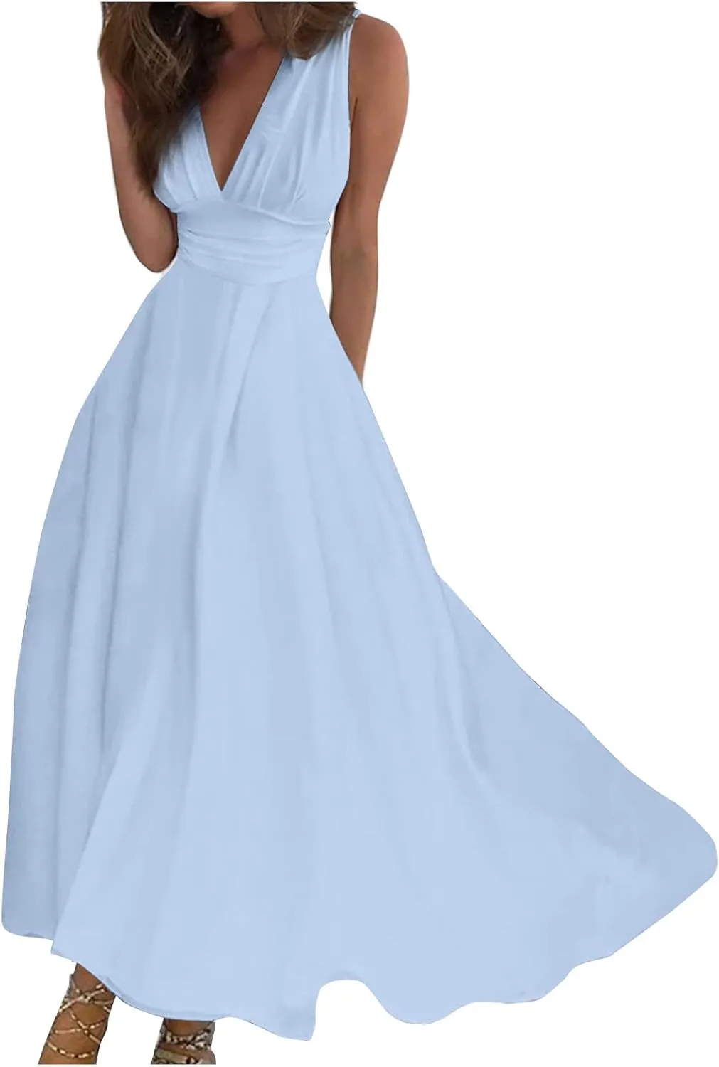 Womens Dresses Sleeveless Floral Print Maxi Dress Flowy Ruched Wrap V Neck Beach Dresses Trendy Sundress