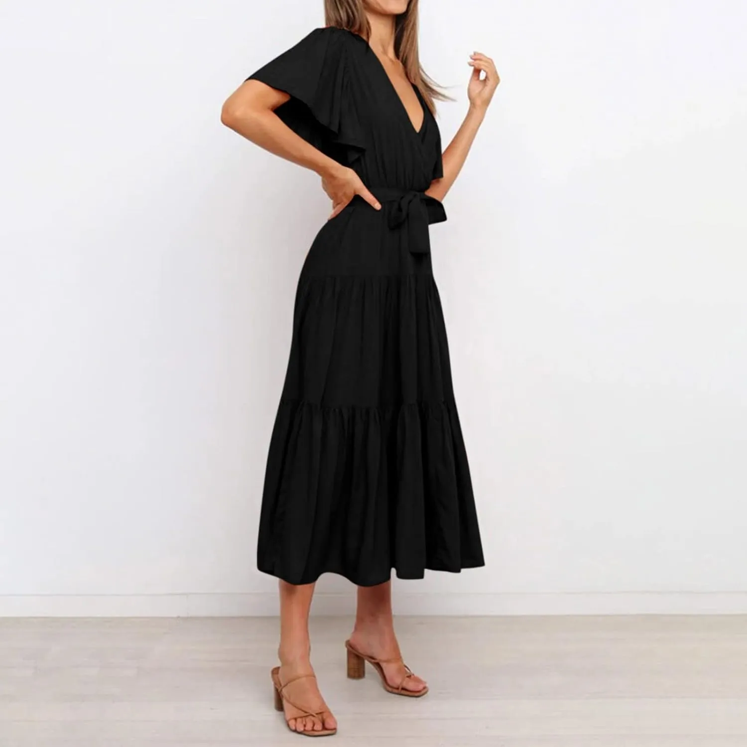 Womens Dresses V Neck Ruffle Sleeve Ankle Length Gowns Flowy Pleated Swing Wrap Boho Beach Dress