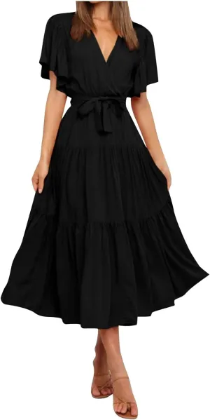 Womens Dresses V Neck Ruffle Sleeve Ankle Length Gowns Flowy Pleated Swing Wrap Boho Beach Dress