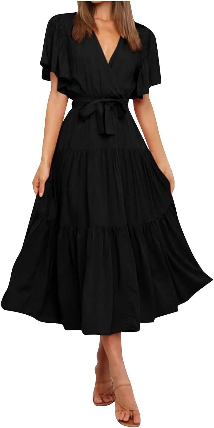 Womens Dresses V Neck Ruffle Sleeve Ankle Length Gowns Flowy Pleated Swing Wrap Boho Beach Dress