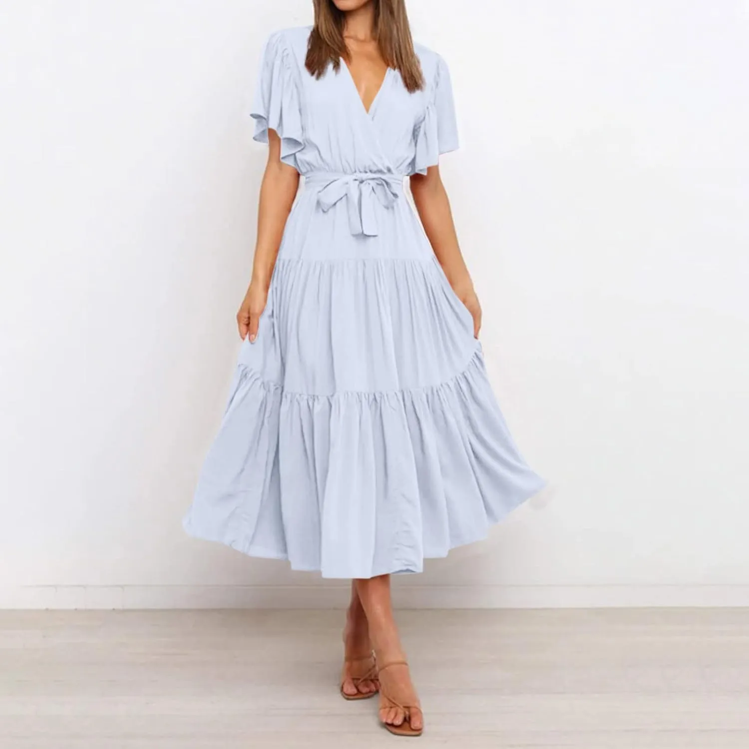 Womens Dresses V Neck Ruffle Sleeve Ankle Length Gowns Flowy Pleated Swing Wrap Boho Beach Dress