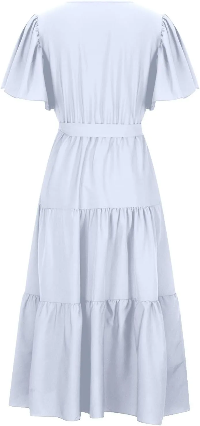 Womens Dresses V Neck Ruffle Sleeve Ankle Length Gowns Flowy Pleated Swing Wrap Boho Beach Dress