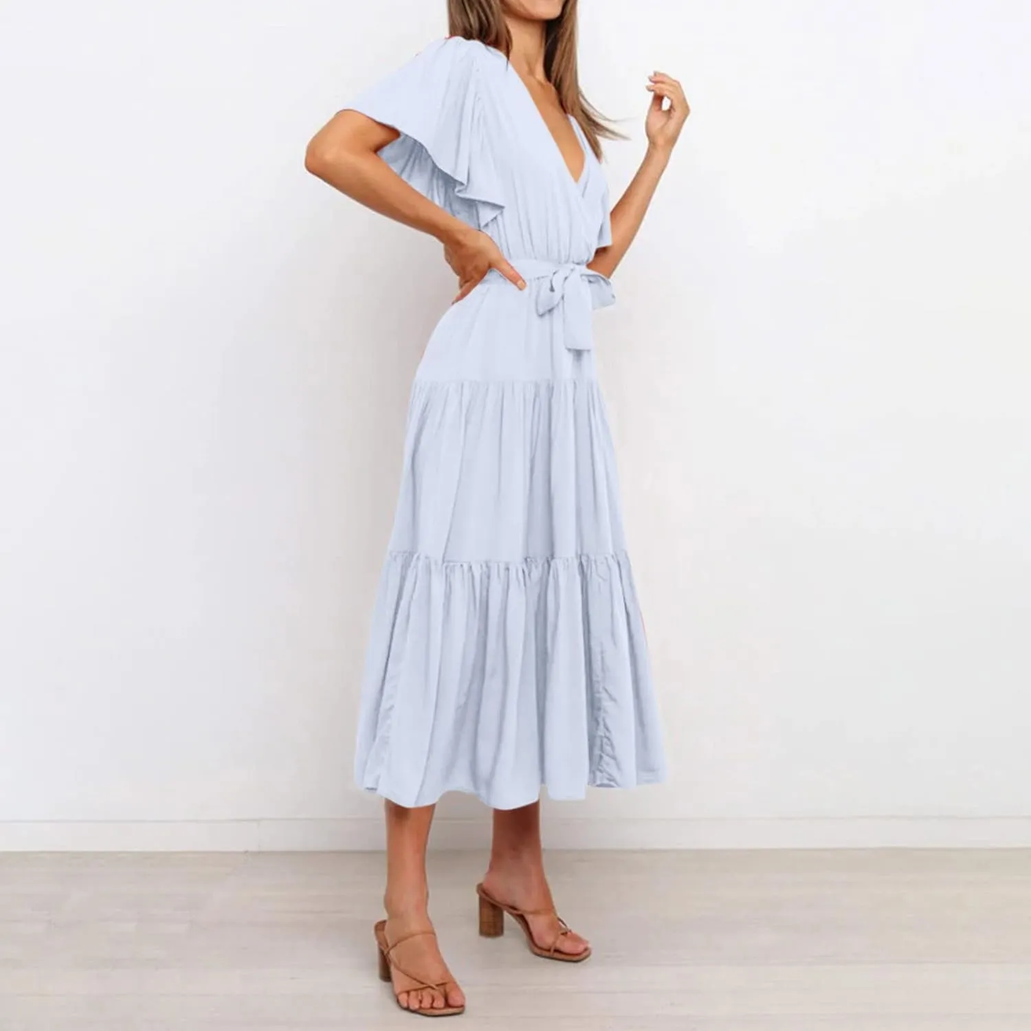 Womens Dresses V Neck Ruffle Sleeve Ankle Length Gowns Flowy Pleated Swing Wrap Boho Beach Dress