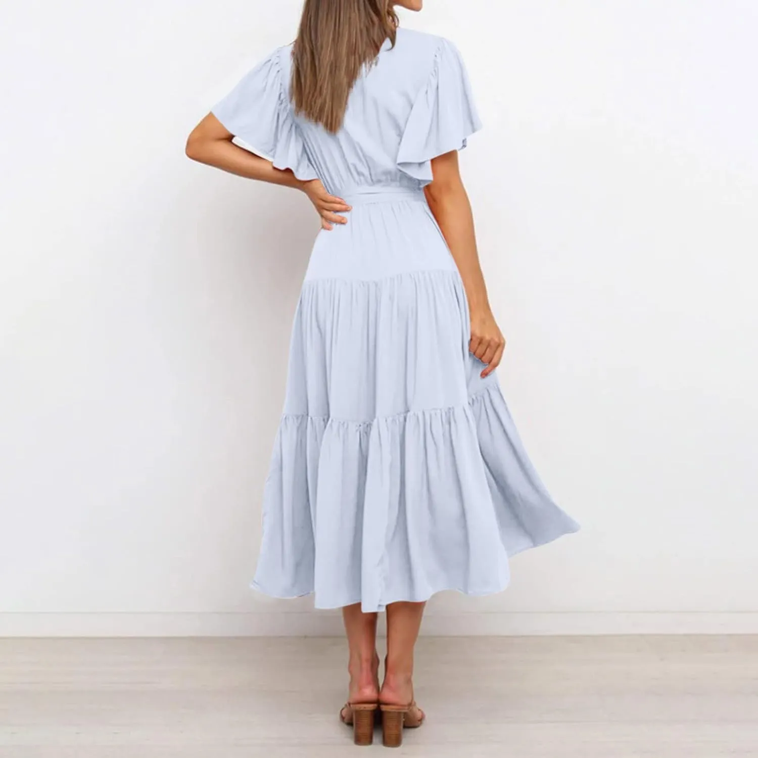 Womens Dresses V Neck Ruffle Sleeve Ankle Length Gowns Flowy Pleated Swing Wrap Boho Beach Dress