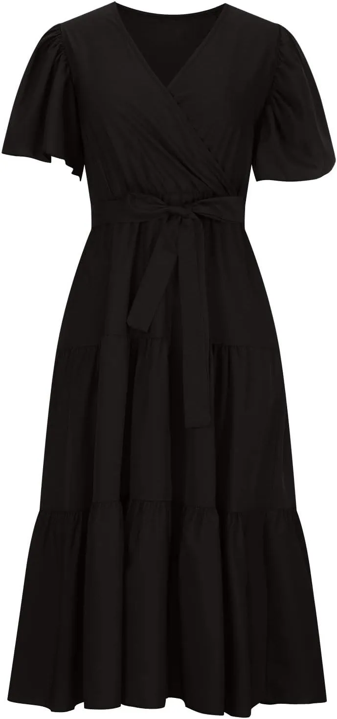 Womens Dresses V Neck Ruffle Sleeve Ankle Length Gowns Flowy Pleated Swing Wrap Boho Beach Dress