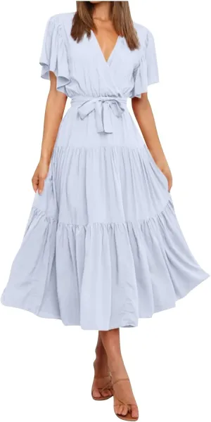 Womens Dresses V Neck Ruffle Sleeve Ankle Length Gowns Flowy Pleated Swing Wrap Boho Beach Dress