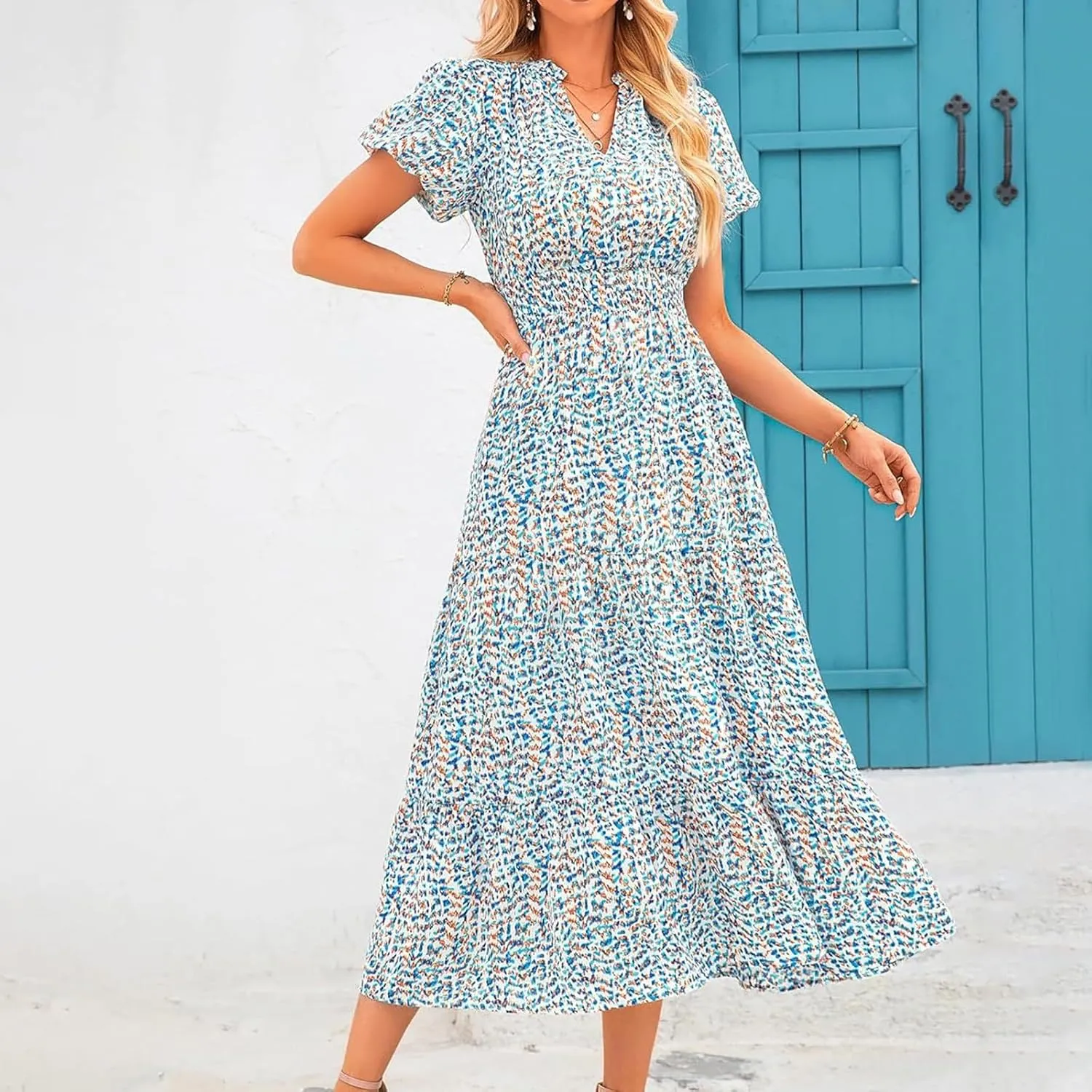 Women's Summer Casual V Neck Short Sleeve Ruffle Ruched Beach Boho Long Floral Maxi Dress Maxi Dress