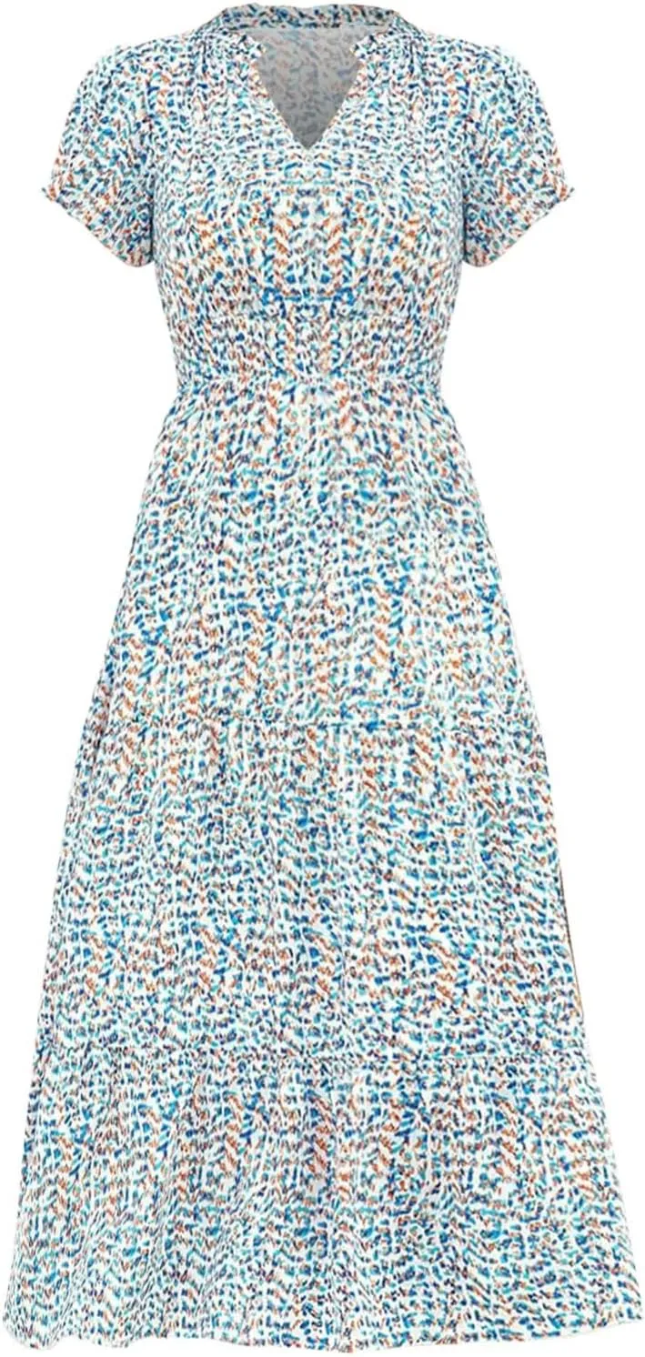 Women's Summer Casual V Neck Short Sleeve Ruffle Ruched Beach Boho Long Floral Maxi Dress Maxi Dress
