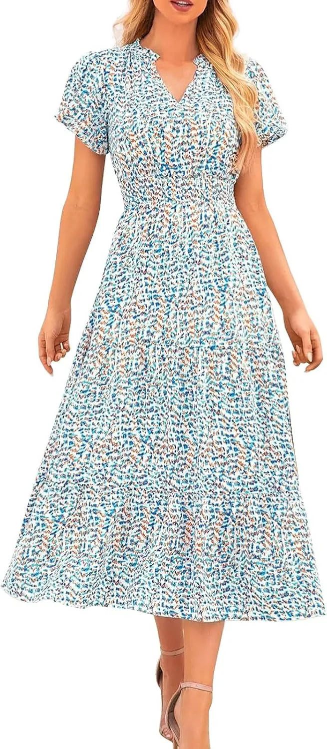 Women's Summer Casual V Neck Short Sleeve Ruffle Ruched Beach Boho Long Floral Maxi Dress Maxi Dress