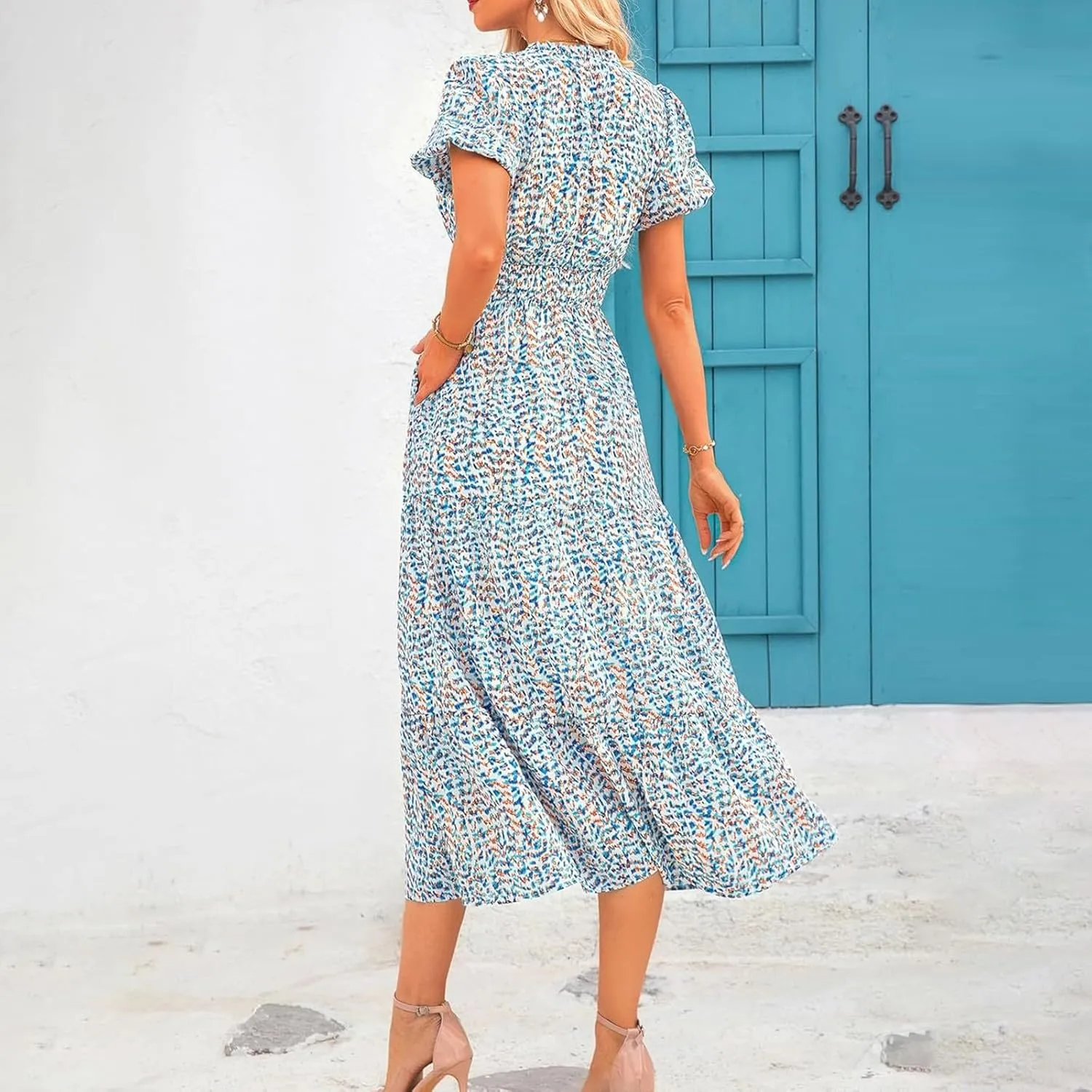 Women's Summer Casual V Neck Short Sleeve Ruffle Ruched Beach Boho Long Floral Maxi Dress Maxi Dress
