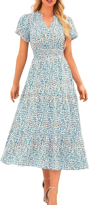 Women's Summer Casual V Neck Short Sleeve Ruffle Ruched Beach Boho Long Floral Maxi Dress Maxi Dress