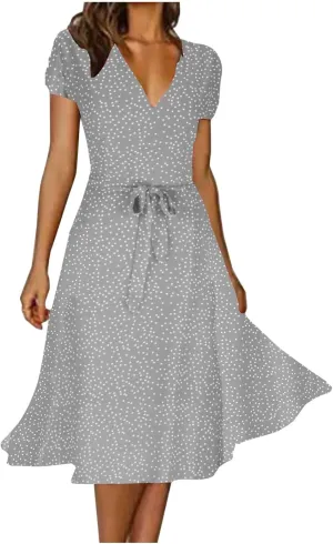 Women's Summer Dot Print Boho Vacation Long Dresses V Neck Short Sleeve Tie Flowy Wrap Dress Sundress Beach Dress