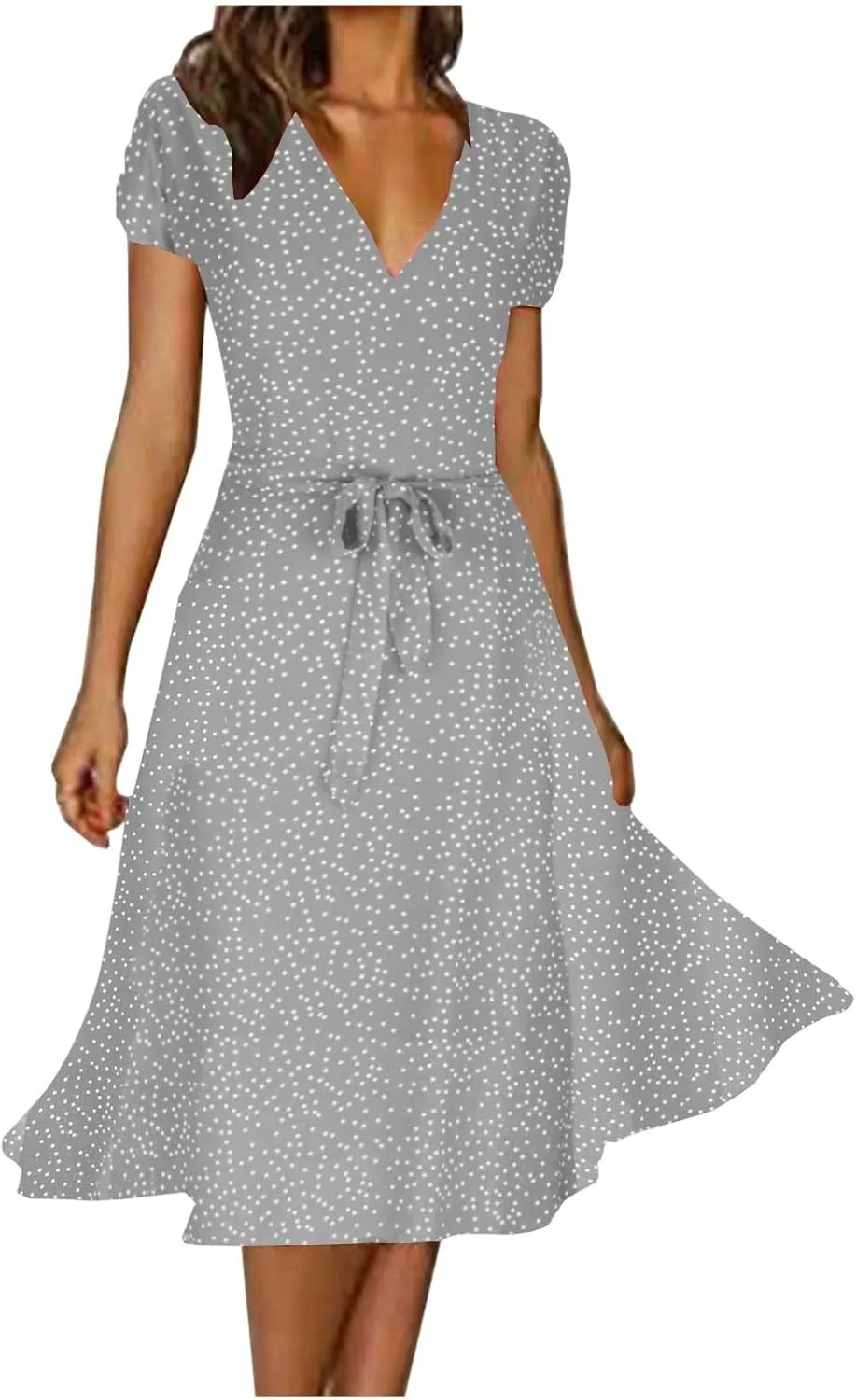 Women's Summer Dot Print Boho Vacation Long Dresses V Neck Short Sleeve Tie Flowy Wrap Dress Sundress Beach Dress