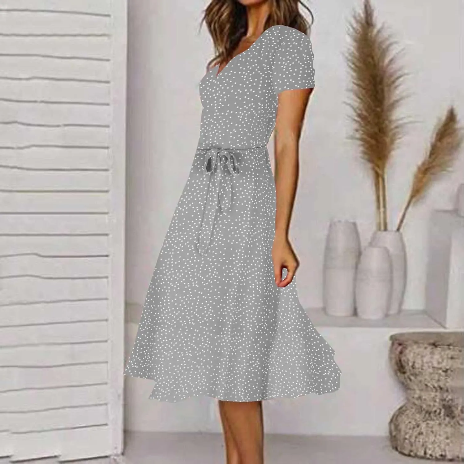Women's Summer Dot Print Boho Vacation Long Dresses V Neck Short Sleeve Tie Flowy Wrap Dress Sundress Beach Dress