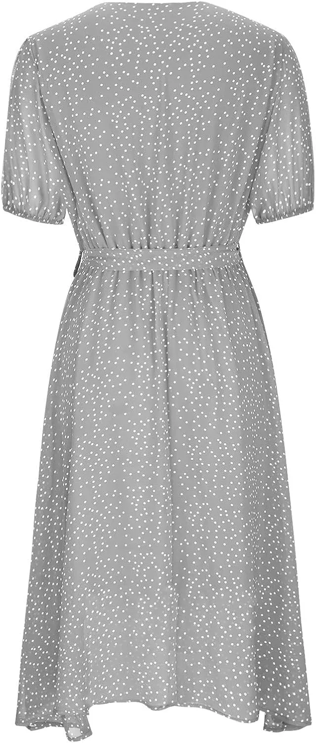 Women's Summer Dot Print Boho Vacation Long Dresses V Neck Short Sleeve Tie Flowy Wrap Dress Sundress Beach Dress