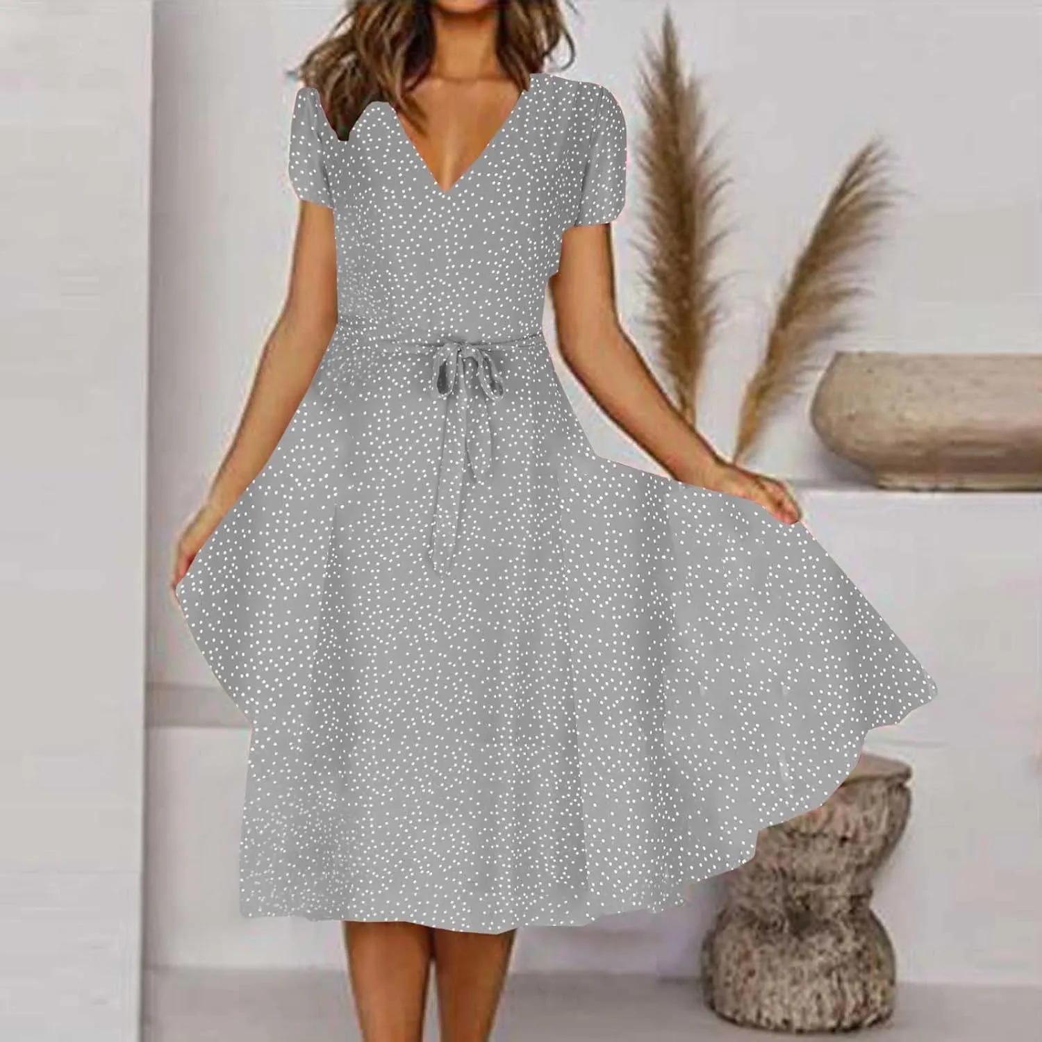 Women's Summer Dot Print Boho Vacation Long Dresses V Neck Short Sleeve Tie Flowy Wrap Dress Sundress Beach Dress