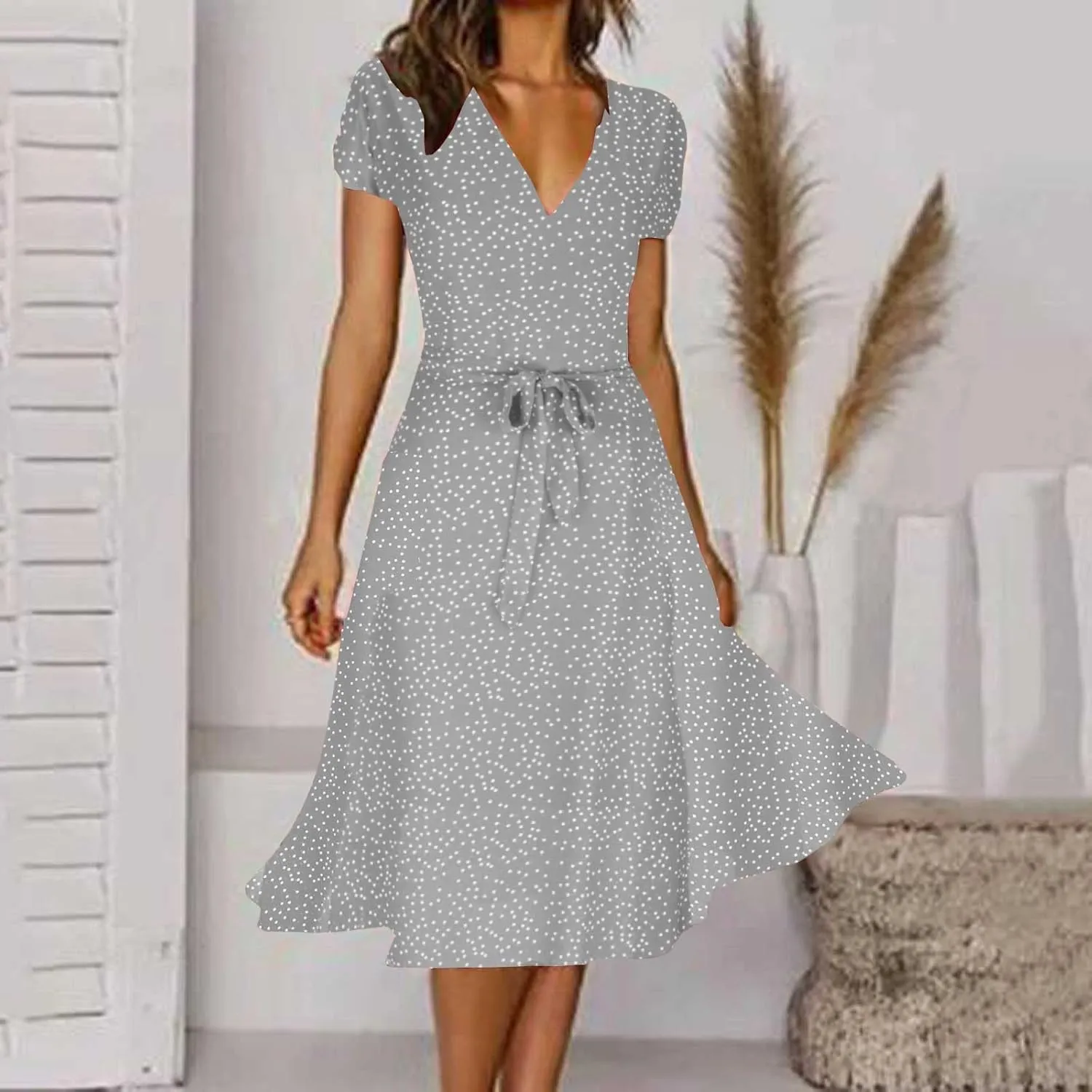 Women's Summer Dot Print Boho Vacation Long Dresses V Neck Short Sleeve Tie Flowy Wrap Dress Sundress Beach Dress