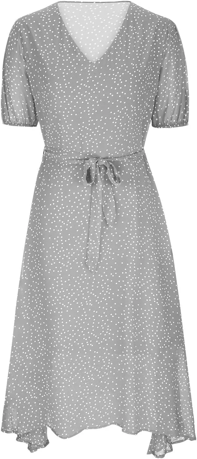 Women's Summer Dot Print Boho Vacation Long Dresses V Neck Short Sleeve Tie Flowy Wrap Dress Sundress Beach Dress