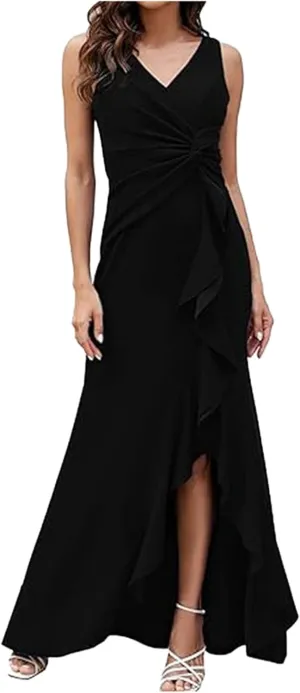 Women's Summer Formal Maxi Dresses Sleeveless Wrap V Neck Bodycon Ruched Slit Mesh Wedding Guest Cocktail Dress