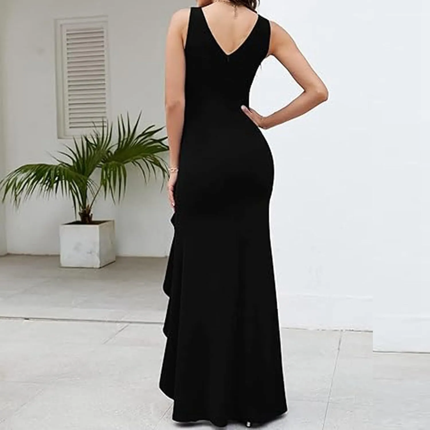 Women's Summer Formal Maxi Dresses Sleeveless Wrap V Neck Bodycon Ruched Slit Mesh Wedding Guest Cocktail Dress