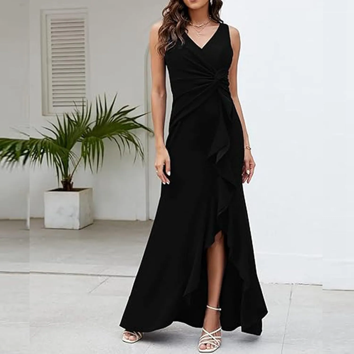 Women's Summer Formal Maxi Dresses Sleeveless Wrap V Neck Bodycon Ruched Slit Mesh Wedding Guest Cocktail Dress