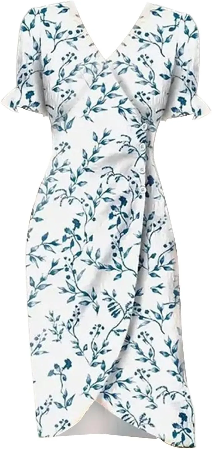 Wrap Dresses for Women 2025 Plus Size Floral Print Short Sleeve V Neck Midi Dress Summer Casual Elegant Sundresses