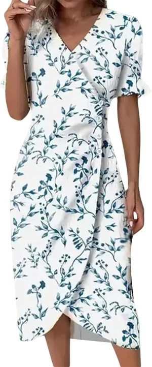 Wrap Dresses for Women 2025 Plus Size Floral Print Short Sleeve V Neck Midi Dress Summer Casual Elegant Sundresses
